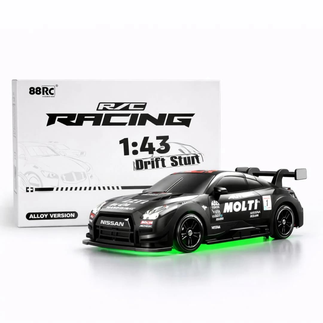 88RC Nissan GTR-Style 1:43 4WD RC Drift Car with Gyro, Alloy Body & LED Lights – Black (India)
